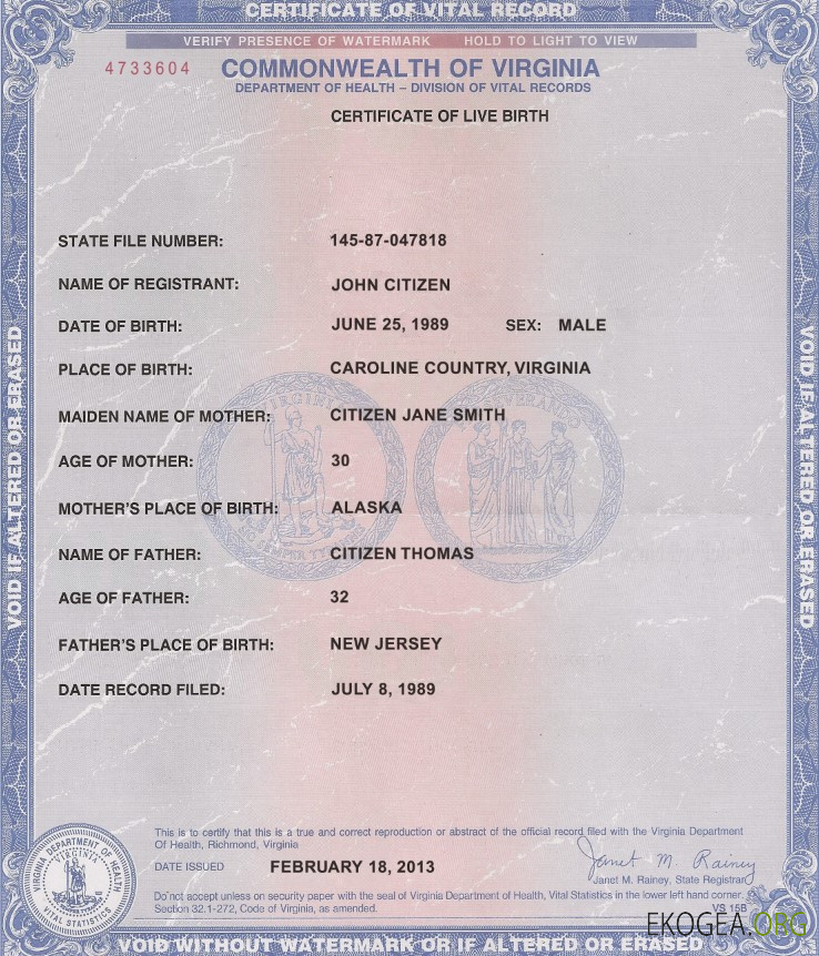 Acte de naissance en Virginie aux États Unis